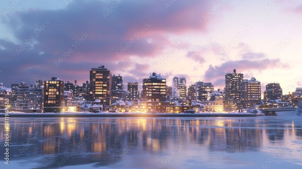 Fototapeta premium Enchanting Winter Cityscape at Dusk with Snow-Covered Rooftops and Icy River Reflections - Ultra-Detailed Photorealistic Image