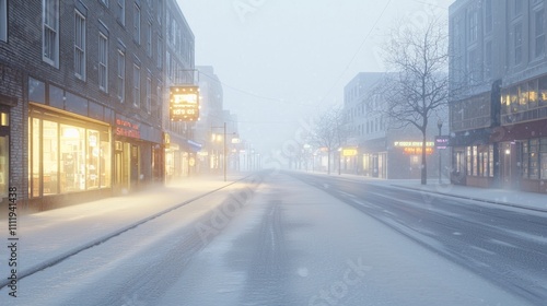 Tranquil Winter Wonderland in the City - A Photorealistic Urban View of Quiet Snow-covered Streets with Glowing Storefronts and Misty Atmosphere