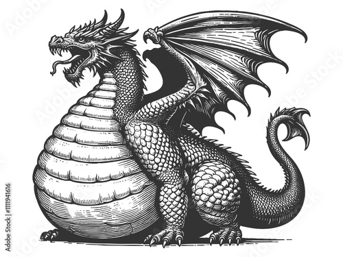 Chubby faty dragon with intricate scales, wings, and regal expression, blending fantasy and artistry sketch engraving generative ai raster illustration. Scratch board imitation. Black and white image photo