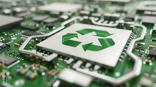 A motherboard with a green recycle sign that symbolizes modern technology