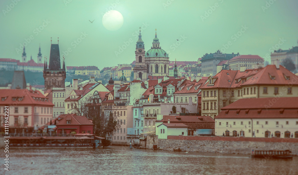 Fototapeta premium Charles Bridge in mystical Prague in foggy weather.