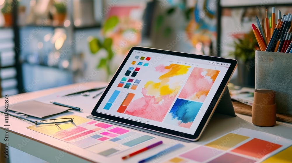 Graphic design portfolio on a digital tablet, open on a desk with design elements and color swatches Graphic design portfolio on a digital tablet, open on a desk with design elements and color swatches