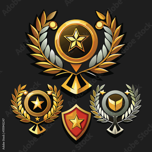  Prize emblems realistic set with laurel and wreath on black background isolated