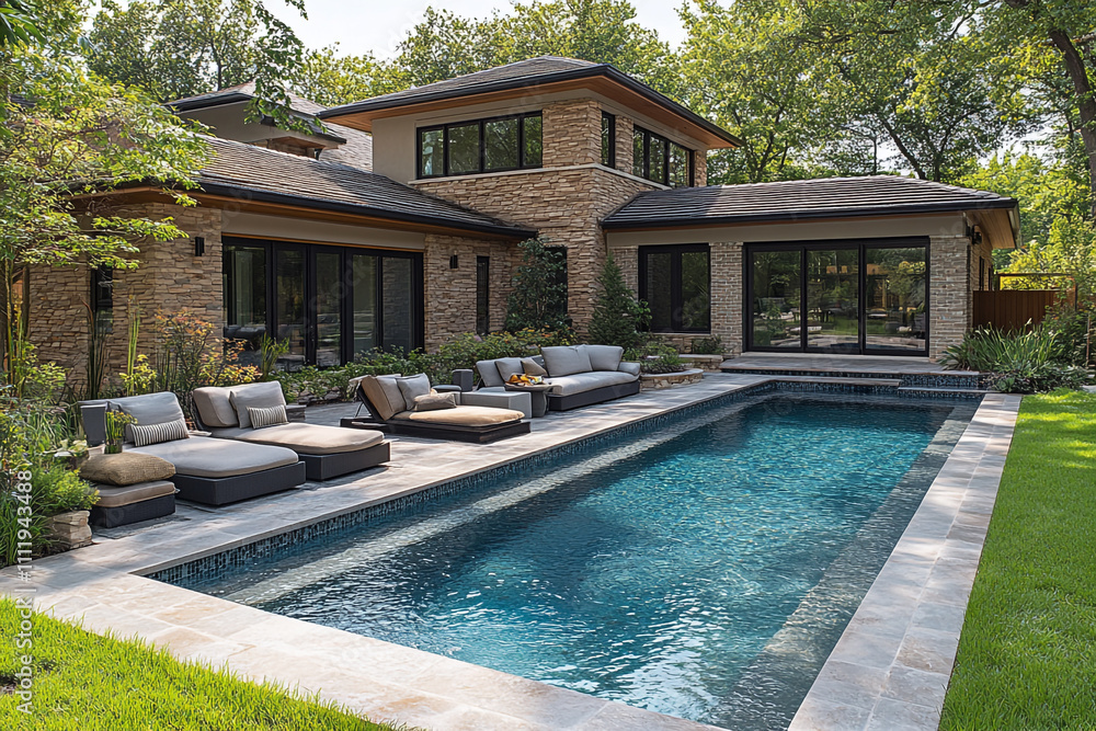 Fototapeta premium Modern Stone House Backyard Pool And Loungers