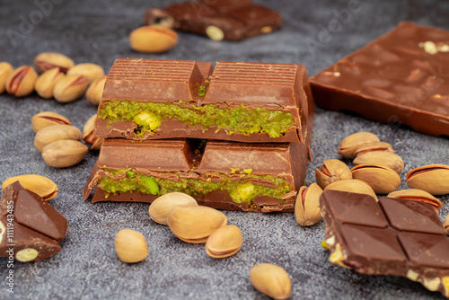 Obraz na płótnie Dubai chocolate, green kataifi and peanut butter. Trendy dessert. w salonie