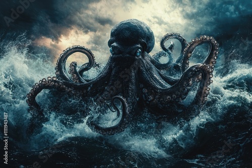 Epic octopus encounter ocean digital art dramatic scene photo