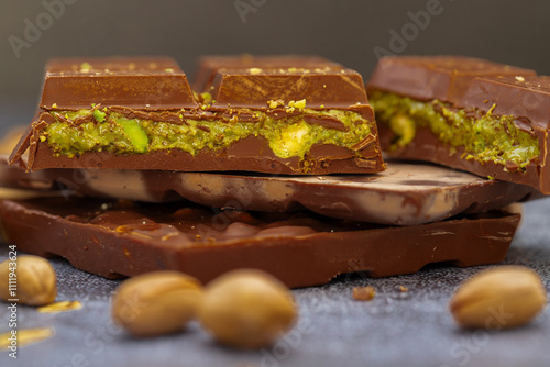 Obraz na płótnie Dubai chocolate, green kataifi and peanut butter. Trendy dessert. w salonie
