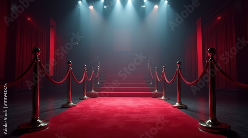 Red carpet staircase with velvet ropes and spotlight in a dimly lit venue. Glamorous event setting for awards or ceremonies photo