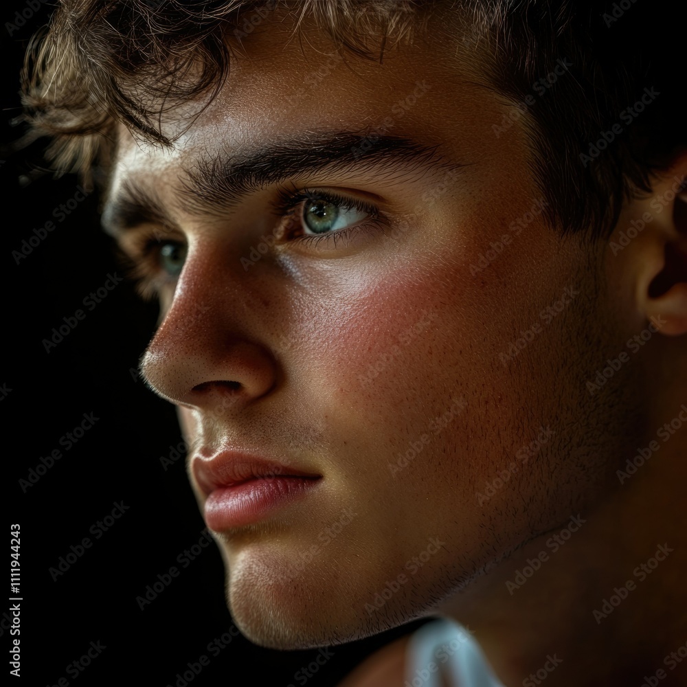 Fototapeta premium Close up portrait of a young man's face showing his expressive eyes and soft features.