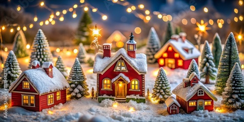 A Charming Miniature Christmas Village with Snow-Covered Houses and a Warmly Glowing Red Cottage, Perfect for Holiday Decor and Winter Displays in a Beautiful Festive Scene