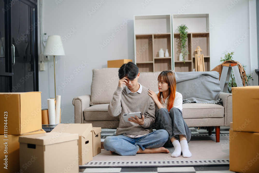 Young couple preparing for a move, packing boxes and a suitcase in a cozy living room. Young couple preparing for a move, packing boxes and a suitcase in a cozy living room.