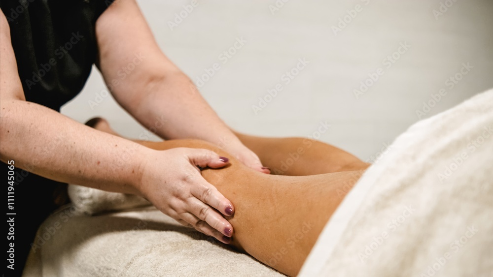 Masseuse giving leg massage to client in spa Masseuse giving leg massage to client in spa