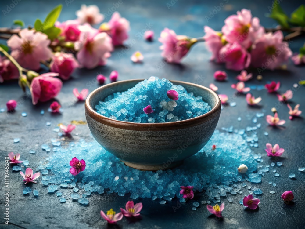 A Serene Display of Blue Bath Salts Adorned with Delicate Pink Flowers on a Dark Blue Surface Surrounded by White Salt for a Calming Spa Atmosphere A Serene Display of Blue Bath Salts Adorned with Delicate Pink Flowers on a Dark Blue Surface Surrounded by White Salt for a Calming Spa Atmosphere