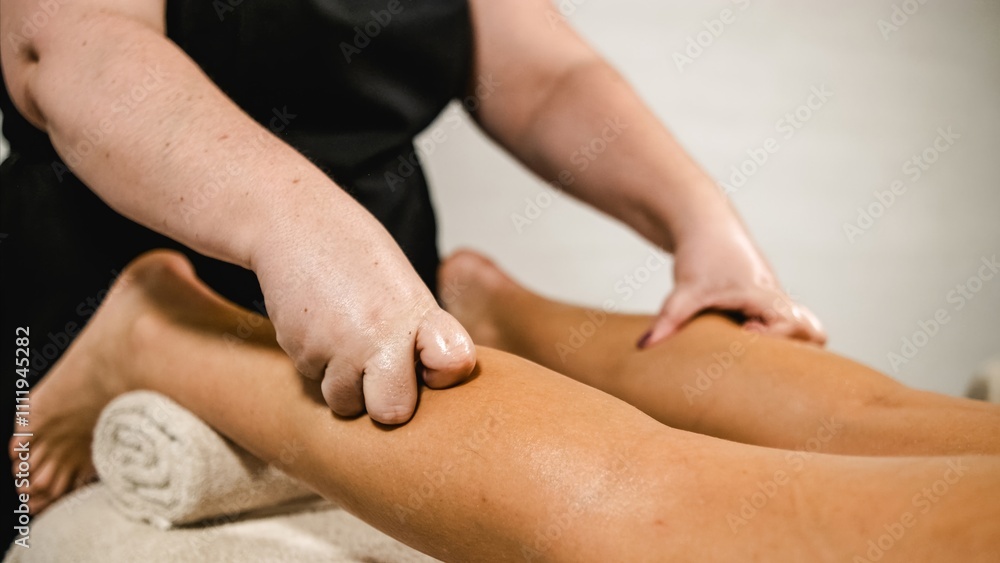 Masseuse giving leg massage to client in spa Masseuse giving leg massage to client in spa