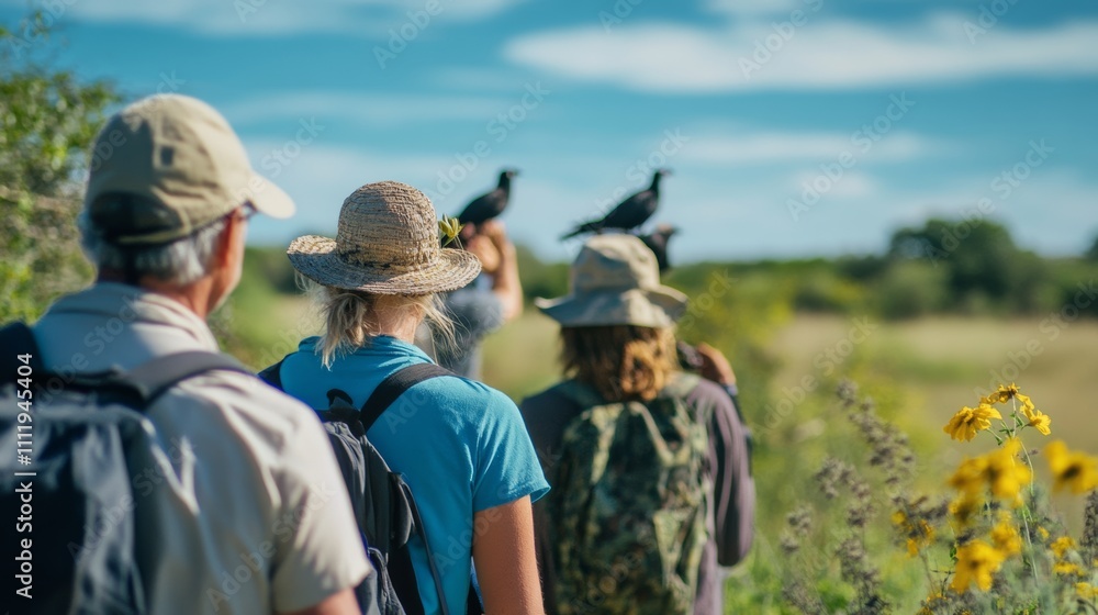 Guided wildlife-friendly safari, visitors observing animals from safe distance Guided wildlife-friendly safari, visitors observing animals from safe distance