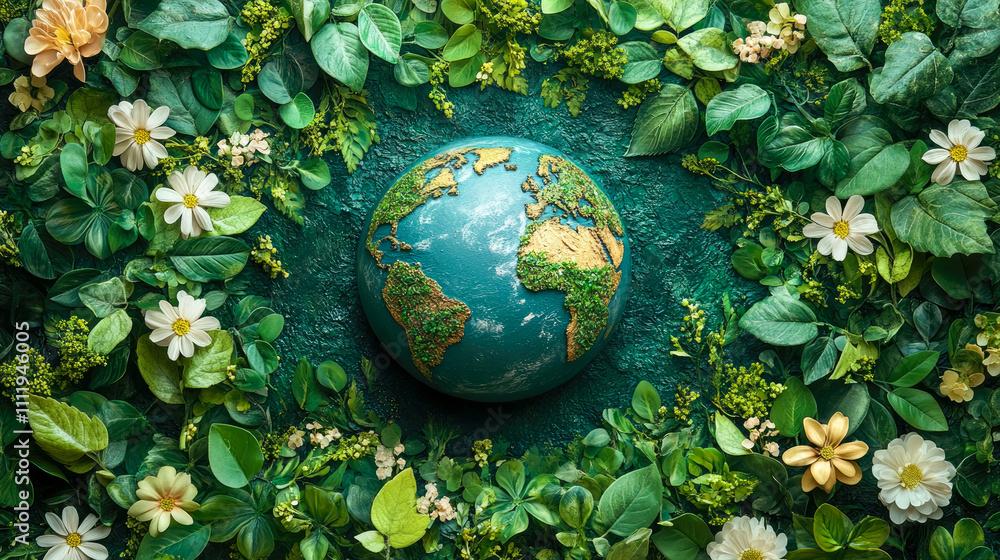 A globe surrounded by green leaves and flowers symbolizing Earth Day, representing harmony and balance with nature. A globe surrounded by green leaves and flowers symbolizing Earth Day, representing harmony and balance with nature.