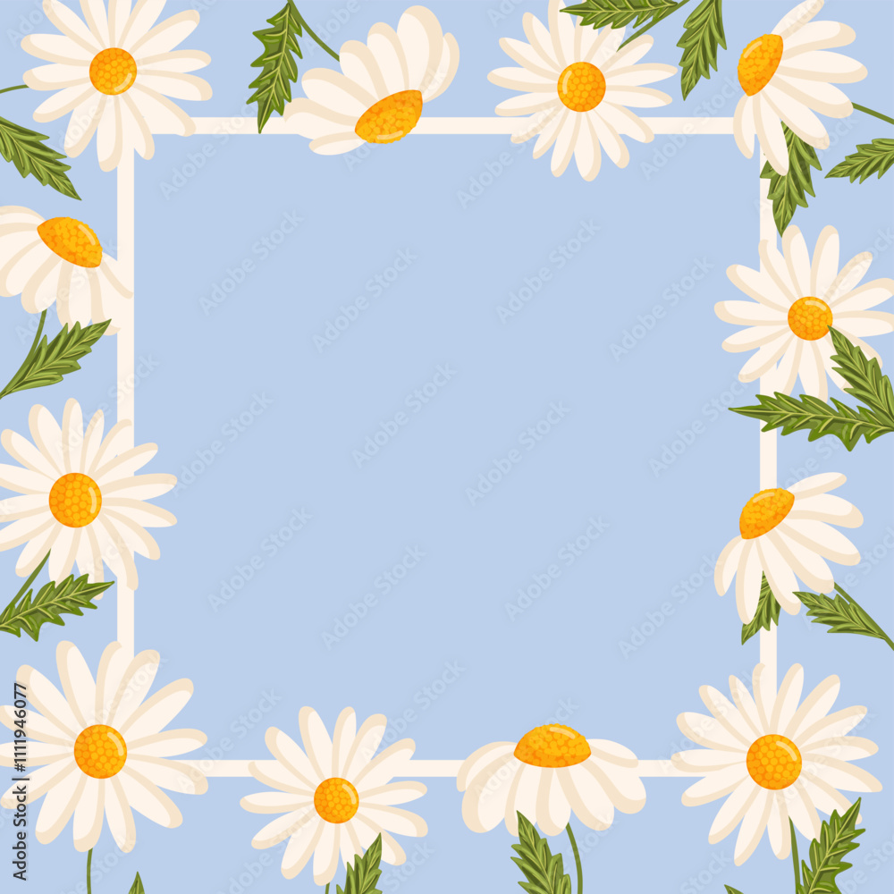 Vector frame for postcard or poster with daisies. Chamomile floral illustration for congratulations or decor etc. Flowers for spring and summer holidays. Festive template can add text. Vector frame for postcard or poster with daisies. Chamomile floral illustration for congratulations or decor etc. Flowers for spring and summer holidays. Festive template can add text.