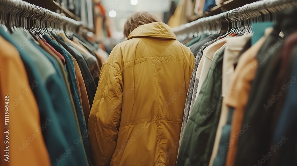 Naklejka premium A person in a yellow jacket walks through a clothing store.