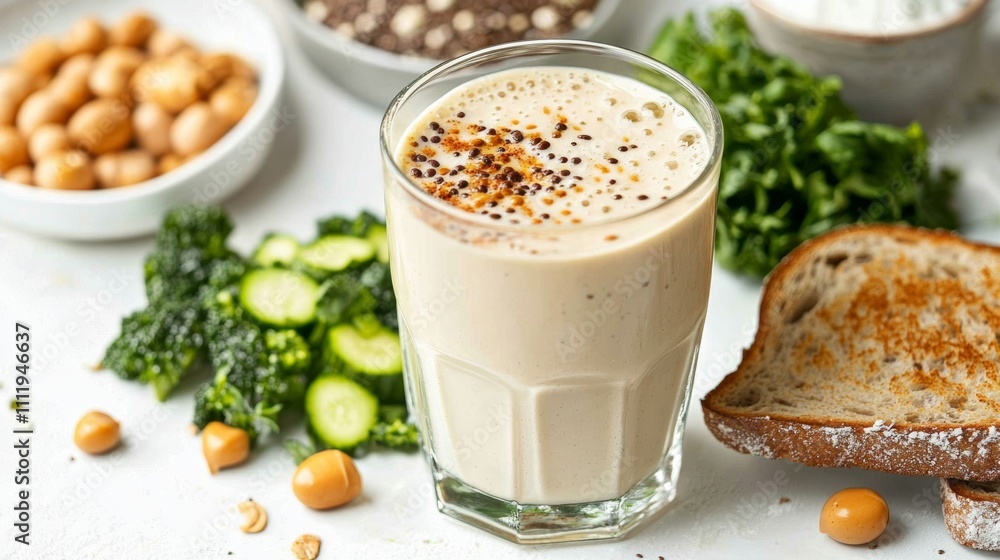 Healthy breakfast with protein shake, toast, and green vegetables on white table Healthy breakfast with protein shake, toast, and green vegetables on white table