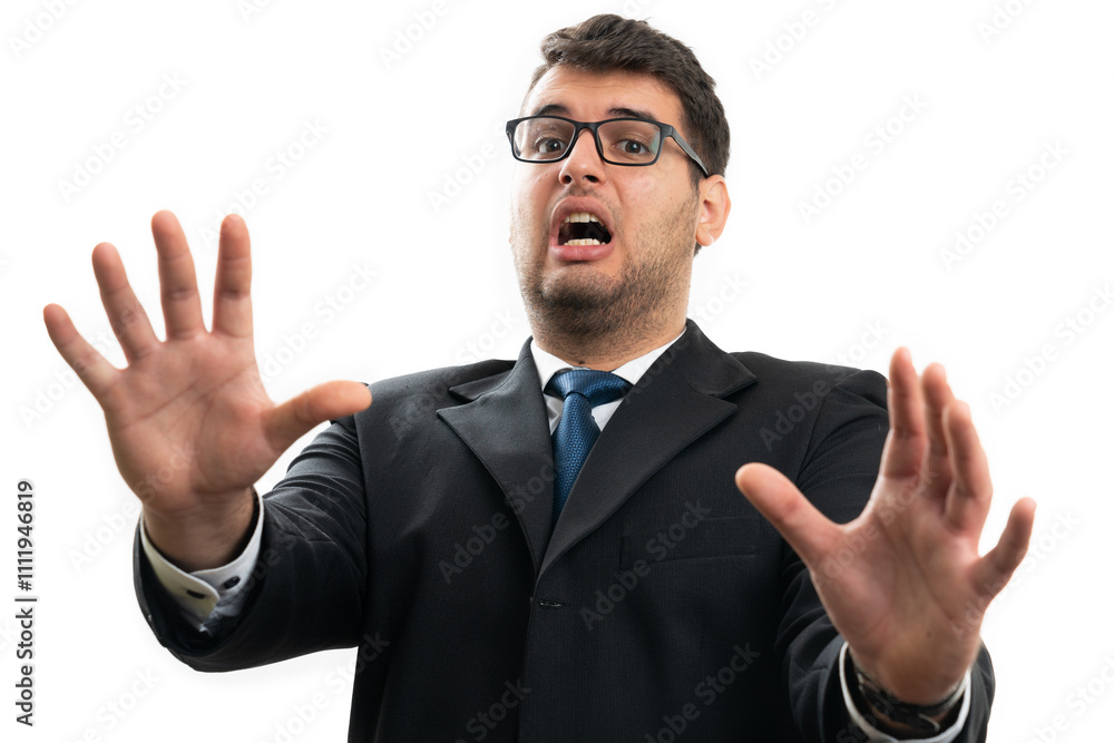 Scared businessman yelling making stay away gesture with hands Scared businessman yelling making stay away gesture with hands
