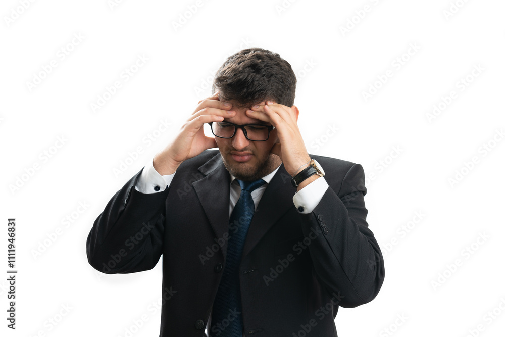 Stressed male entrepreneur having headache holding forehead Stressed male entrepreneur having headache holding forehead