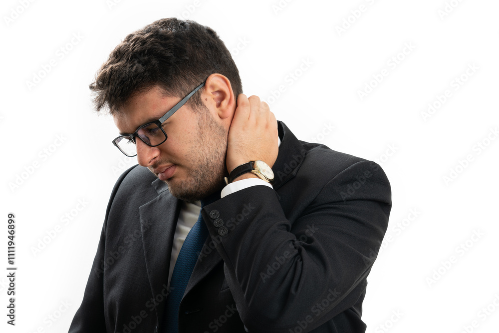 Adult businessman touching painful back of neck office concept Adult businessman touching painful back of neck office concept