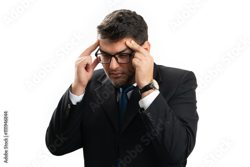 Businessman touching temples with fingers as migraine concept