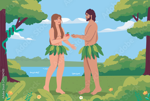 Adam and Eve. Naked man and woman with apple in garden. Religion and faith, believe. Legend and mythology. Christianity and Bible. Couple with temptation. Flat vector illustration