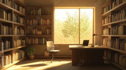 A refined study nook within a desert modern library