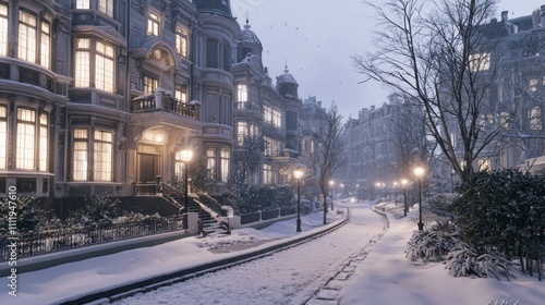 Winter Wonderland - Charming Vintage City Block Covered in Snow with Soft Streetlights | Ultra-Detailed Photorealistic Image