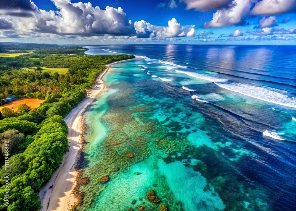 Fototapeta premium Aerial View of the Ocean: Breathtaking Blue Waters, Waves Crashing, Coastal Landscapes, Vibrant Coral Reefs, and Serene Beach Scenes Captured from Above for Stunning Landscape Photography