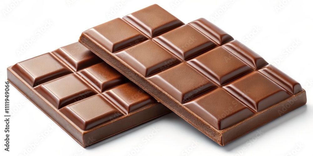 Aerial View of Two Irresistible Milk Chocolate Bars Stacked Slightly Askew, Showcasing Their Thick, Smooth Surface and Tempting Sheen on a  Background for Delicious Treats