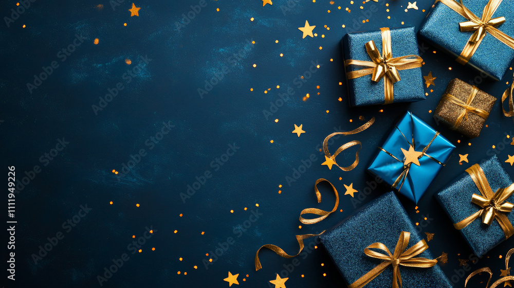 Modern Blue Christmas background with gifts and copy space. Elegant greeting card, Happy New Year Modern Blue Christmas background with gifts and copy space. Elegant greeting card, Happy New Year