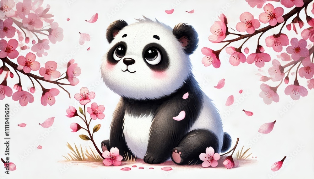 Fototapeta premium Cute panda surrounded by blooming cherry blossoms and falling petals on a white background. Watercolor illustration for design