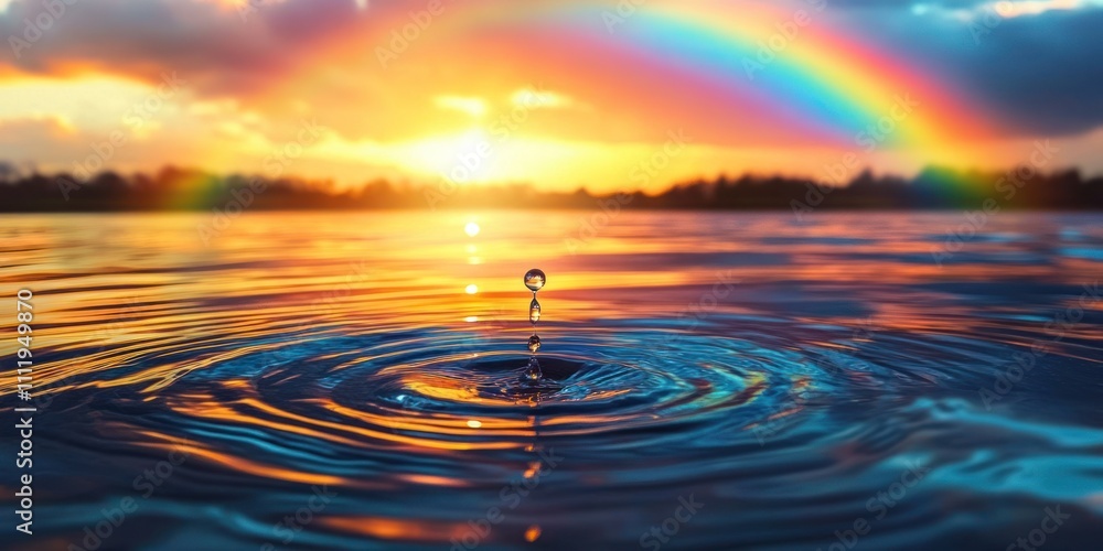 Water Droplet Reflecting Sunset and Rainbow Water Droplet Reflecting Sunset and Rainbow