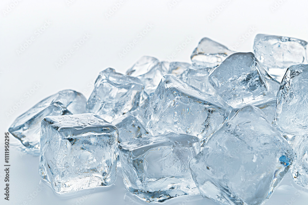 Clear ice cubes scattered on a white surface in soft light Clear ice cubes scattered on a white surface in soft light