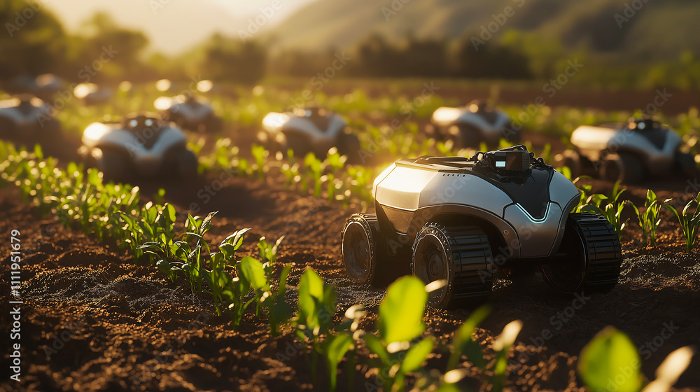 Agricultural robot, field and seedlings with AI technology for precision farming, innovation and sustainability. Futuristic, autonomous machine in agriculture for efficiency or environment Agricultural robot, field and seedlings with AI technology for precision farming, innovation and sustainability. Futuristic, autonomous machine in agriculture for efficiency or environment