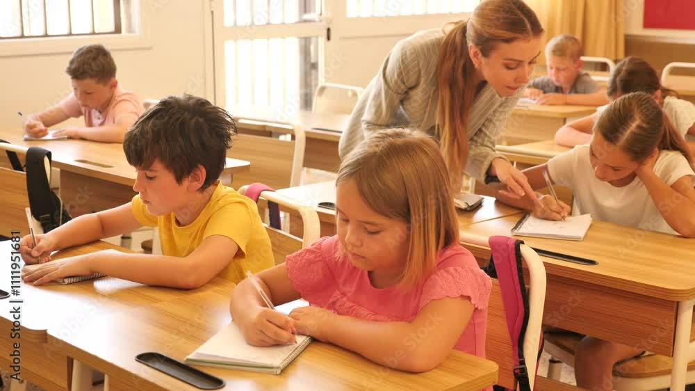 Young schoolgirls and schoolboys studying in classroom during their lesson. Young schoolgirls and schoolboys studying in classroom during their lesson.
