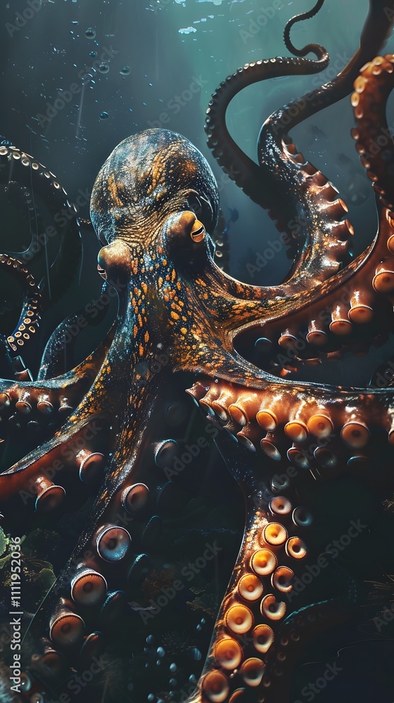 Obraz premium Underwater Scene with Incredible Commotion of an Octopus, Angry octopus wallpaper