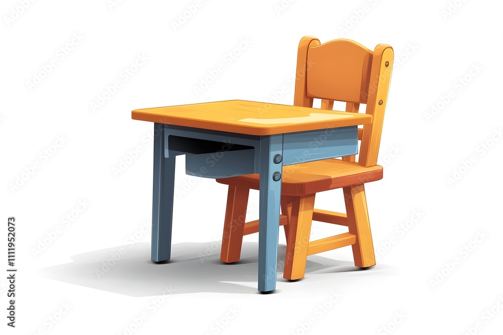 Wooden school desk with red chair, open book, and pencils in holder, isolated on white background Wooden school desk with red chair, open book, and pencils in holder, isolated on white background