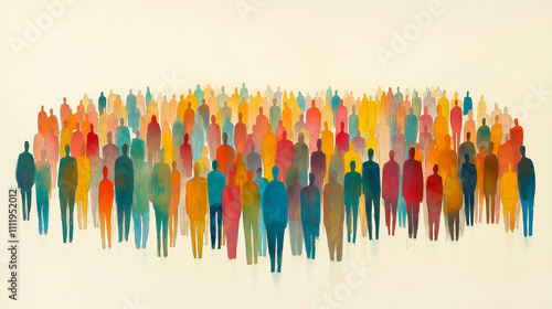 Abstract crowd illustration with vibrant colors for unity, diversity and community connection. Artistic, modern and conceptual design for inclusion, social themes or collective representation