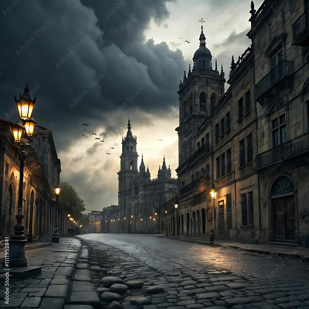 Fototapeta premium A City of Decaying Spires, Cracked Streets, Dark Clouds, and Flickering Lanterns