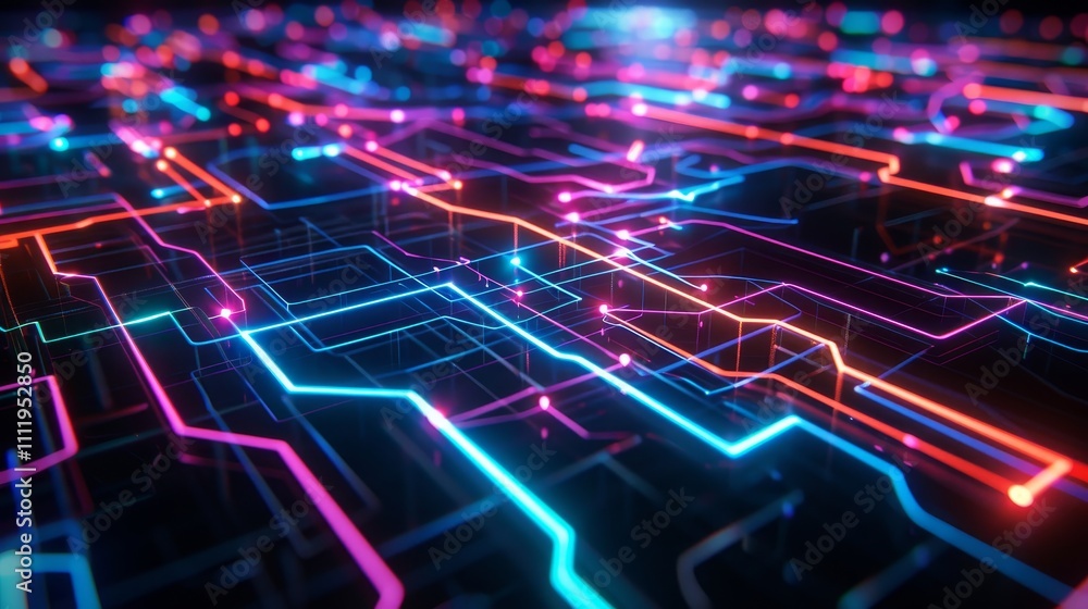 Glowing neon lines forming intricate circuit patterns, symbolizing advanced technology and data flow in a futuristic setting Glowing neon lines forming intricate circuit patterns, symbolizing advanced technology and data flow in a futuristic setting