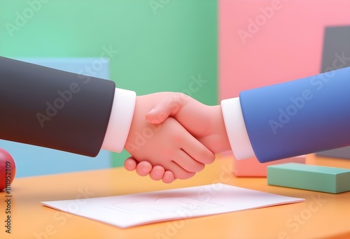 Vector illustration, 3D handshake. Conclusion of a business 3D contract, successful partnership, cooperation. Sign online document. Two businessmen are shaking hands in office. 3D render vector