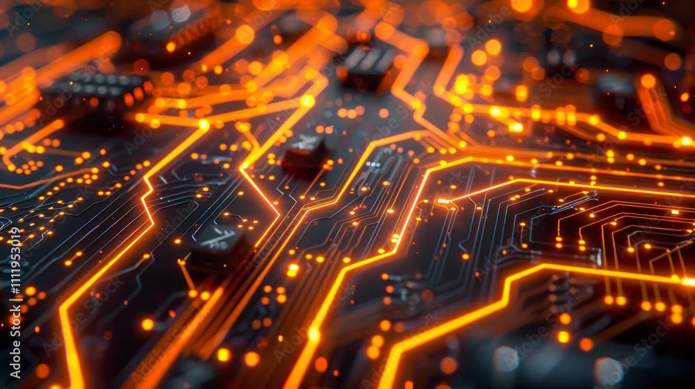 Futuristic motherboard with illuminating orange circuits transmitting data, symbolizing advanced technology and digital innovation Futuristic motherboard with illuminating orange circuits transmitting data, symbolizing advanced technology and digital innovation