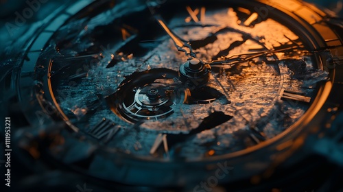 Concept of time passing with a broken clock, emphasizing urgency