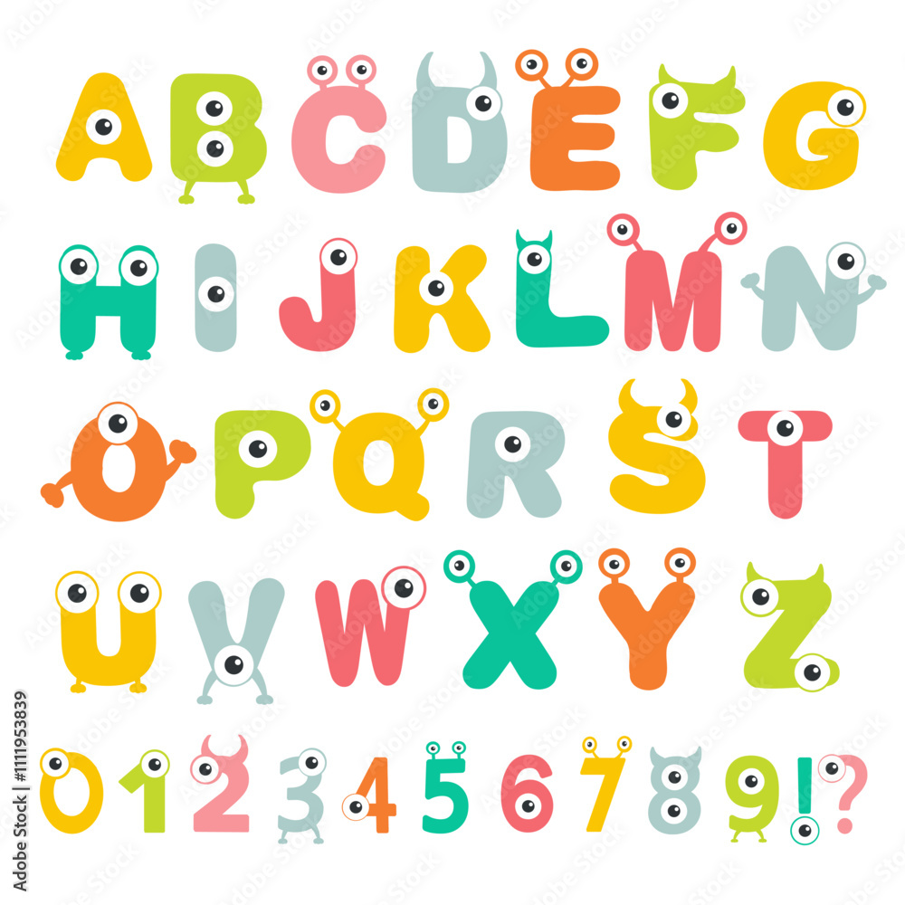 Set of creepy funny monsters alphabet. Font design for kids. Vector illustration of ABC banner with numbers for preschool, kindergarten kids or kindergarten children to learn letters. Set of creepy funny monsters alphabet. Font design for kids. Vector illustration of ABC banner with numbers for preschool, kindergarten kids or kindergarten children to learn letters.