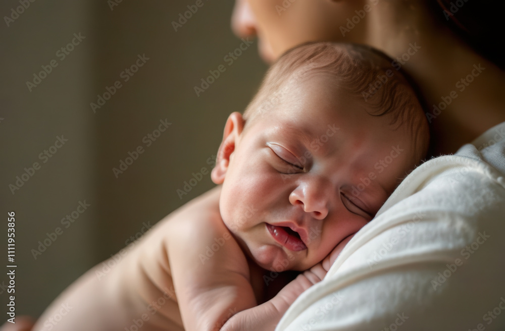 Peaceful newborn sleeping on parent's shoulder in soft lighting. Care Day Peaceful newborn sleeping on parent's shoulder in soft lighting. Care Day