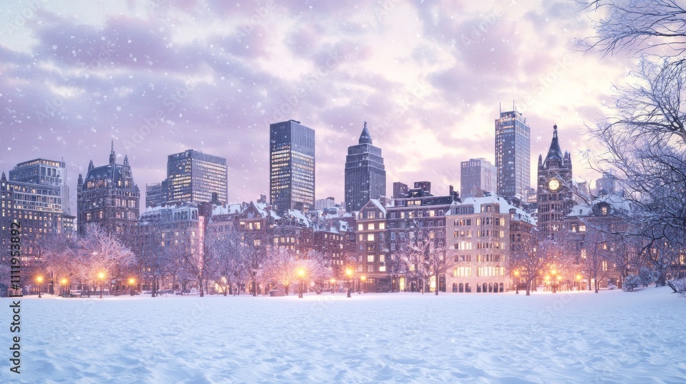 Obraz premium Winter Twilight: Photorealistic Cityscape with Skyscrapers and Historic Buildings Blanketed in Fresh Snow at Dusk