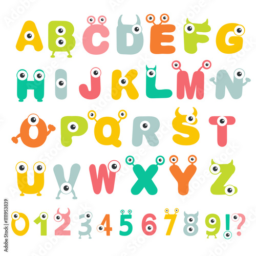 Set of creepy funny monsters alphabet. Font design for kids. Vector illustration of ABC banner with numbers for preschool, kindergarten kids or kindergarten children to learn letters.